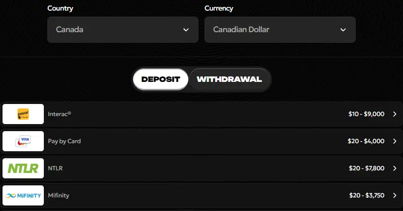 Spinsy payments page, Deposit tab, Canada and Canadian Dollar selected: Interac $10 to $9,000, Pay by Card $20 to $4,000, Neteller and MiFinity from $20
